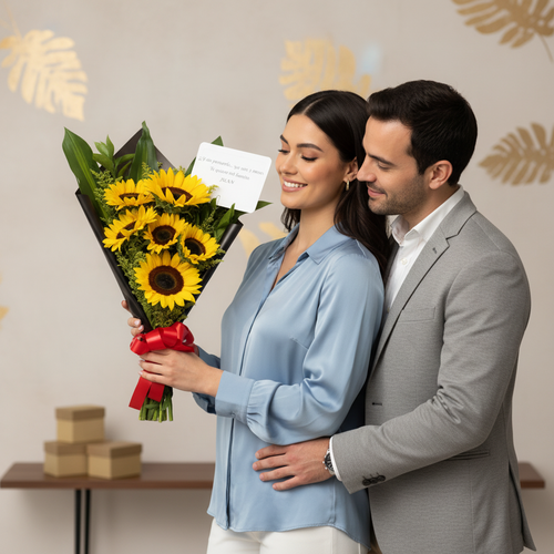 Hombre abrazando a una mujer que sostiene un ramo de girasoles con tarjeta y lazo rojo en un interior decorado