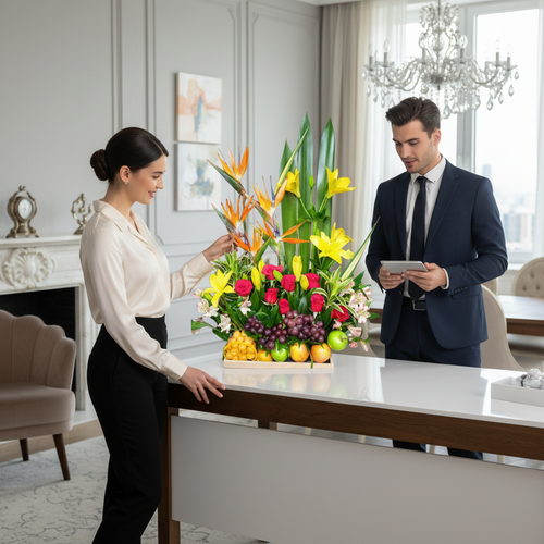 Mujer y hombre de negocios junto a un gran arreglo de flores tropicales y frutas sobre un escritorio blanco en una oficina elegante