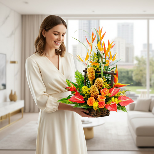 Mujer joven con vestido beige claro sosteniendo un arreglo floral tropical con flores amarillas, naranjas y rojas en una cesta de mimbre dentro de una sala de estar luminosa con ventanales al fondo