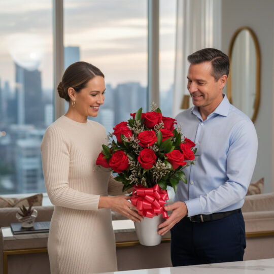 Hombre y mujer sonríen mientras sostienen juntos un gran ramo de rosas rojas en un jarrón blanco con lazo rojo, en un salón luminoso con ventanales a la ciudad