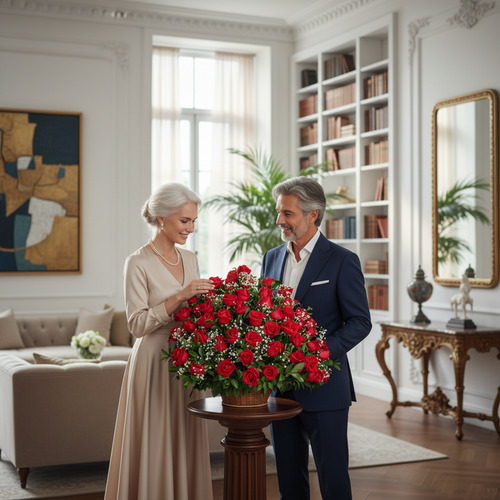 Hombre y mujer mayores, vestidos de forma elegante, contemplan un gran ramo de rosas rojas sobre una mesa redonda en un salón clásico y luminoso
