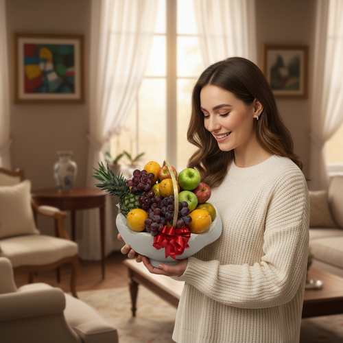 Mujer con suéter beige sosteniendo una canasta de frutas variadas con lazo rojo en una sala de estar luminosa