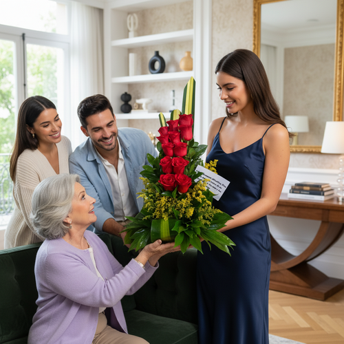 Mujer joven con vestido azul entregando un arreglo de rosas rojas y flores amarillas a una mujer mayor sentada en un sofá, acompañadas por dos personas más sonriendo en una sala de estar luminosa