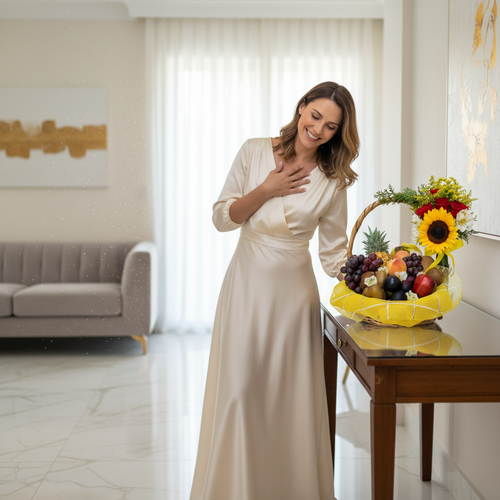 Mujer con vestido largo color marfil sonriendo mientras mira una canasta de frutas variadas con girasol amarillo sobre una mesa de madera en una sala de estar luminosa