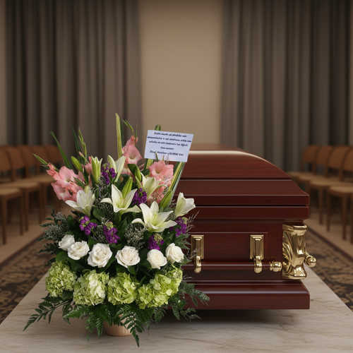 Arreglo de flores fúnebres con lirios blancos, rosas y claveles junto a un ataúd de madera barnizada con herrajes dorados en una sala velatoria