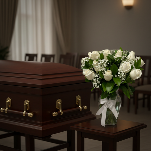 Ataúd de madera oscura con herrajes dorados junto a un ramo de rosas blancas en jarrón de cristal dentro de una sala de velatorio