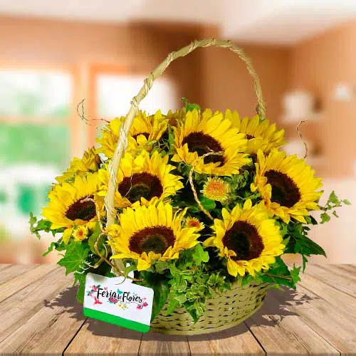 Floral Basket with 12 Sunflowers
