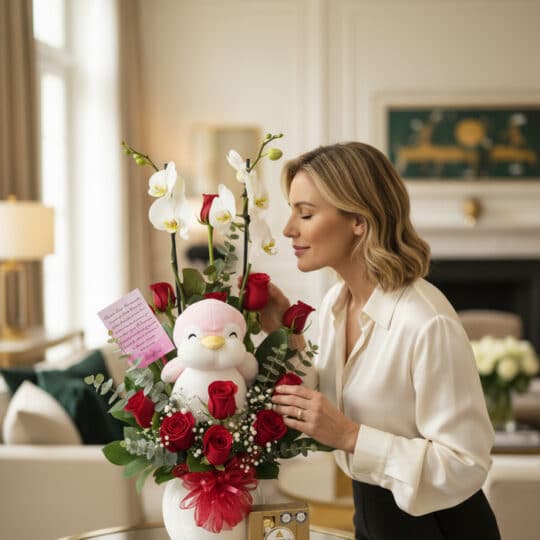 Mujer elegante admirando el Arreglo ALICE con orquídea majestuosa, rosas rojas y peluche en un lujoso interior de hogar con l