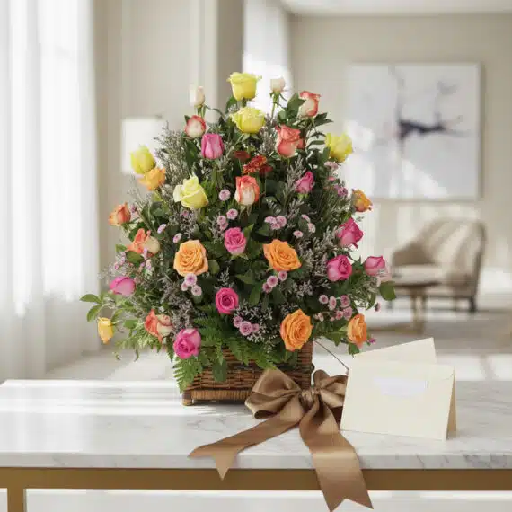Arreglo floral DONNIA con 34 rosas de colores variados (rosas, amarillas, naranjas) en una cesta de mimbre, sobre una mesa de