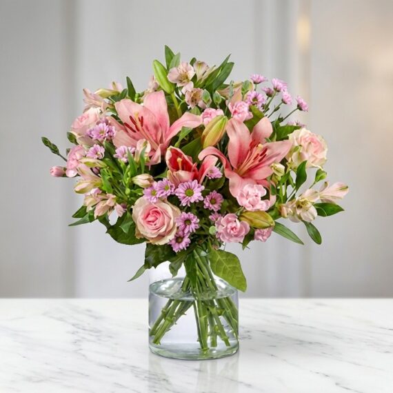 Arreglo Floral ANNA: Delicada Armonía en Rosas y Lirios Arreglo floral ANNA con rosas y lirios rosados, alstroemerias y margaritas, en un jarrón de cristal sobre una mesa de mármol