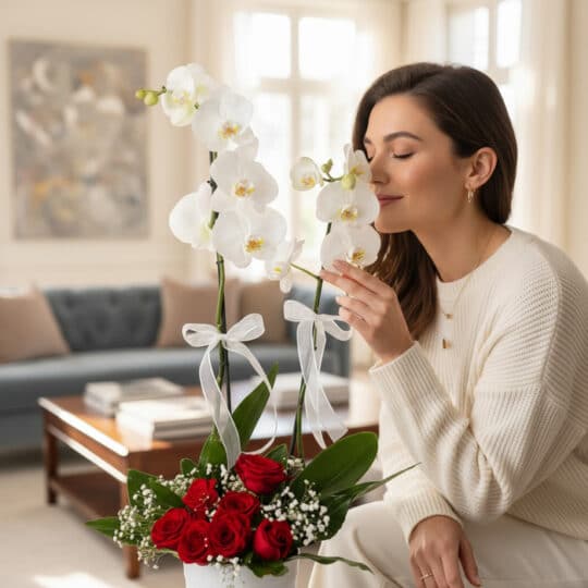 Mujer elegante admirando y oliendo el Arreglo Floral BRIANA con orquídeas blancas y rosas rojas en un hogar lujoso.