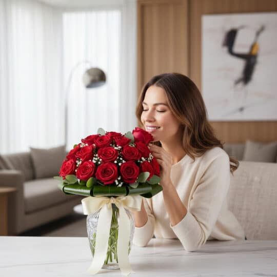 Mujer joven y elegante sonriendo, oliendo un Arreglo Floral DOMENICA con 30 rosas rojas frescas en un jarrón de cristal, sobr