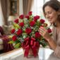Mujer elegante admirando con deleite un Arreglo Floral Escarlata, un cesto de rosas rojas con follaje verde y lazos rojos, en