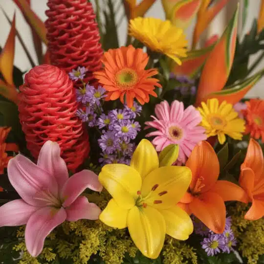 Primer plano extremo de Arreglo Floral Exótico Fusión, mostrando texturas hiperrealistas, gotas de rocío sutiles y colores vi