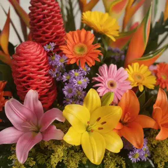 Primer plano extremo de Arreglo Floral Exótico Fusión, mostrando texturas hiperrealistas, gotas de rocío sutiles y colores vi