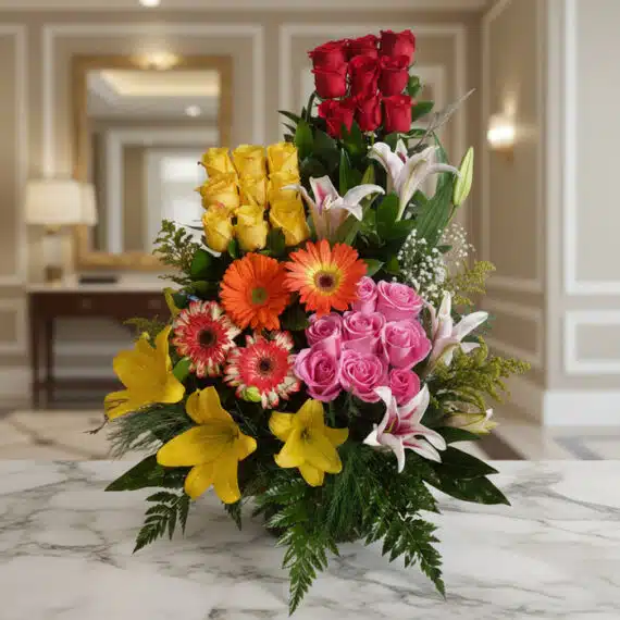 Arreglo Floral Exótico Paraíso: Lirios, Rosas y Gerberas en Entorno Elegante Arreglo floral exótico Paraíso con rosas rojas, amarillas y rosadas, lirios blancos y amarillos, y gerberas naranjas y rojas,