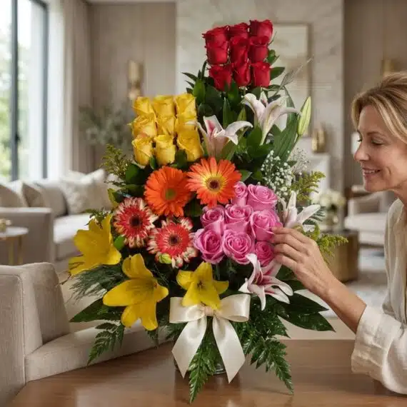 Mujer elegante admirando y tocando delicadamente un Arreglo Floral Exótico Paraíso con rosas rojas, amarillas, gerberas y lir