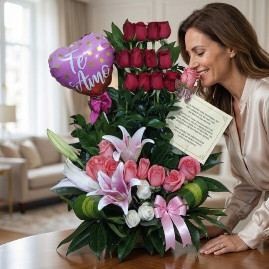 Mujer elegante admirando y oliendo delicadamente un Arreglo Floral Exótico Primaveral con rosas rojas, lirios y rosas rosadas