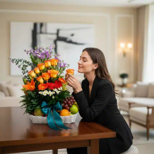 Mujer elegante oliendo una rosa naranja de un Arreglo Floral con Frutas Hadar, en un lujoso interior de hogar con luz natural