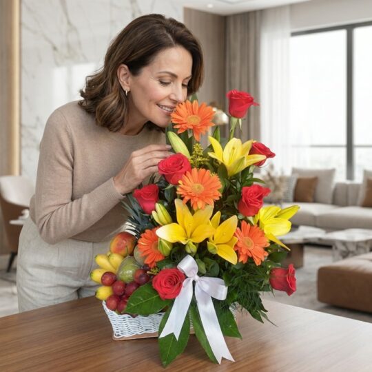Mujer elegante de mediana edad admirando y oliendo un Arreglo Floral con Frutas Quitana, con rosas rojas, lirios amarillos y