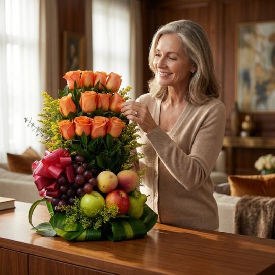 Mujer elegante de mediana edad admirando un arreglo floral con rosas naranjas, uvas, manzanas y peras, en un lujoso interior