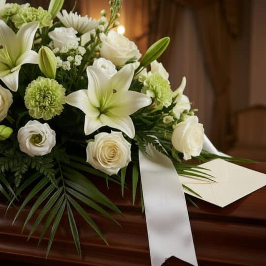 Arreglo floral fúnebre de lirios, rosas y crisantemos blancos y verdes, con follaje y cinta satinada, sobre una superficie de