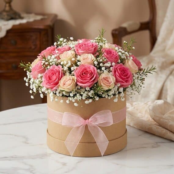 Arreglo Floral GIADA: Elegante Caja con 12 Rosas Frescas para Regalar Arreglo floral GIADA con 12 rosas frescas rosadas y crema en una caja redonda de cartón con lazo rosa, ideal para regalo.