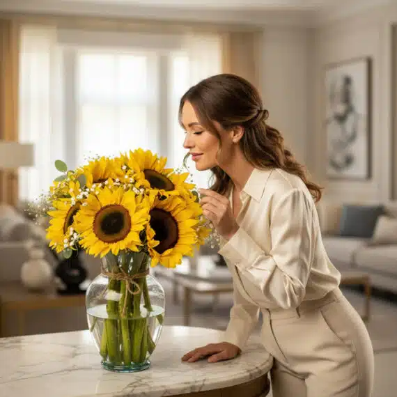 Mujer elegante admirando y oliendo un vibrante arreglo floral de girasoles en un jarrón de cristal sobre una mesa de mármol e