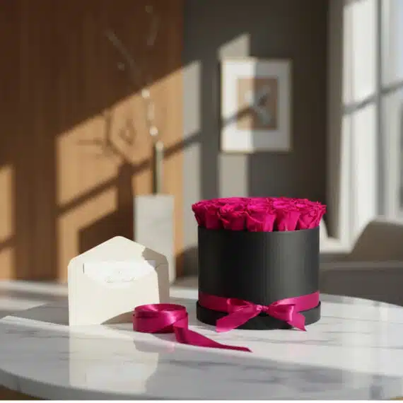 Arreglo floral Marena con 21 rosas fucsia vibrantes en caja negra, tarjeta de regalo y cinta satinada sobre mesa de mármol, l