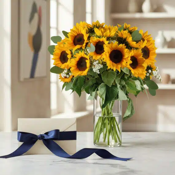 Arreglo floral Martina con 21 girasoles vibrantes en jarrón de cristal, acompañado de tarjeta de regalo y cinta azul en mesa