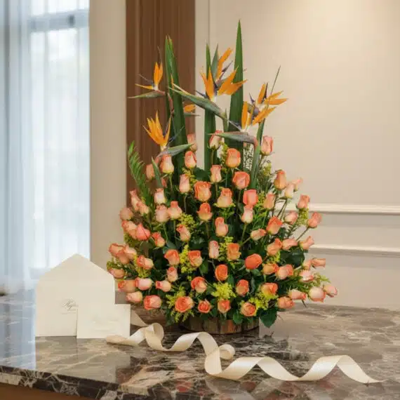 Impresionante arreglo floral 'Más Rosas' con rosas durazno y aves del paraíso, sobre mármol, listo para regalo.