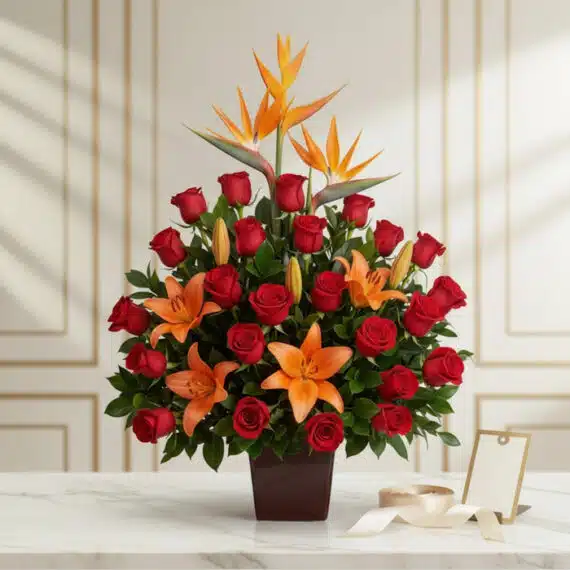 Impresionante arreglo floral 'Me Encantas' con rosas rojas, lirios naranjas y aves del paraíso, ideal para regalar en ocasion