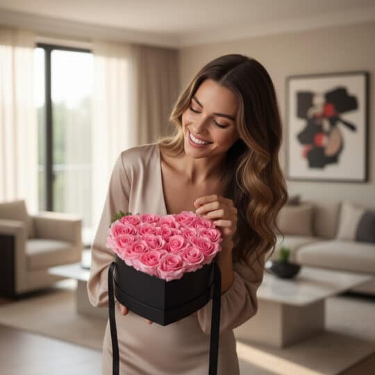 Mujer sonriente admirando Arreglo Floral Perla con rosas rosadas en caja corazón negra, en un lujoso interior de hogar.