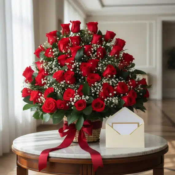 Impresionante arreglo floral 'Quiero Amarte' con docenas de rosas rojas frescas y follaje verde, presentado en una cesta de m