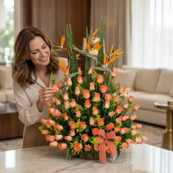 Mujer de mediana edad, elegante y sonriente, admira un gran arreglo floral de rosas durazno y aves del paraíso en un lujoso s