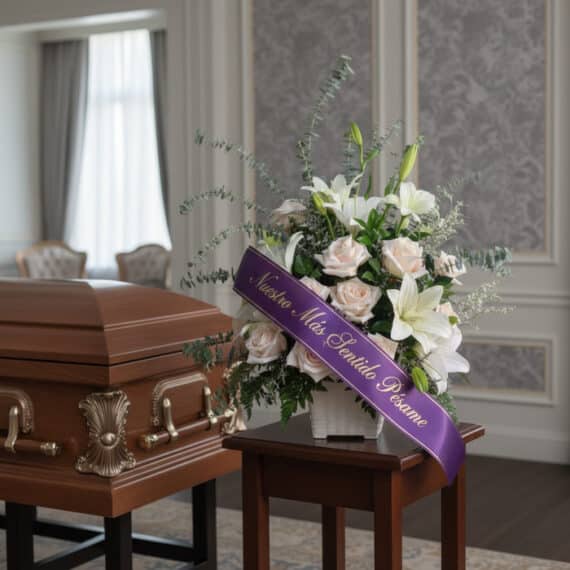 Arreglo floral fúnebre inmortal con rosas blancas, lirios y eucalipto, adornado con una cinta morada que dice 'Nuestro Más Se