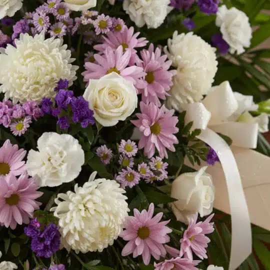 Fotografía macro premium de arreglo fúnebre con rosas blancas, crisantemos y margaritas lilas, rocío sutil, cinta satinada y