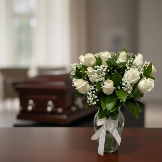 Arreglo floral fúnebre 'Pétalos del Alma' con rosas blancas frescas y follaje verde en jarrón de cristal, sobre mesa de mader