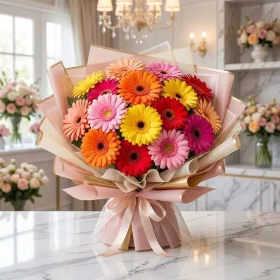Bouquet Floral Adela: Ramo Vibrante de Gerberas Multicolor para Regalar Bouquet Floral Adela, un ramo grande y vibrante de gerberas en tonos rojos, naranjas, amarillos y rosas, con empaque coreano