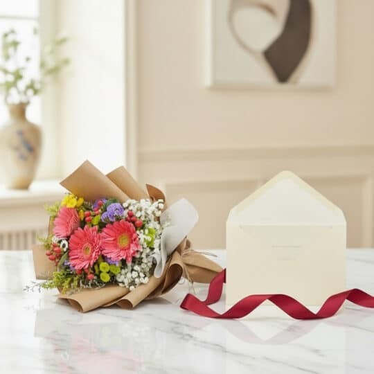 Bouquet Floral LIA con gerberas amarillas, envuelto en papel kraft, sobre mármol con tarjeta de regalo y cinta roja. Ideal pa