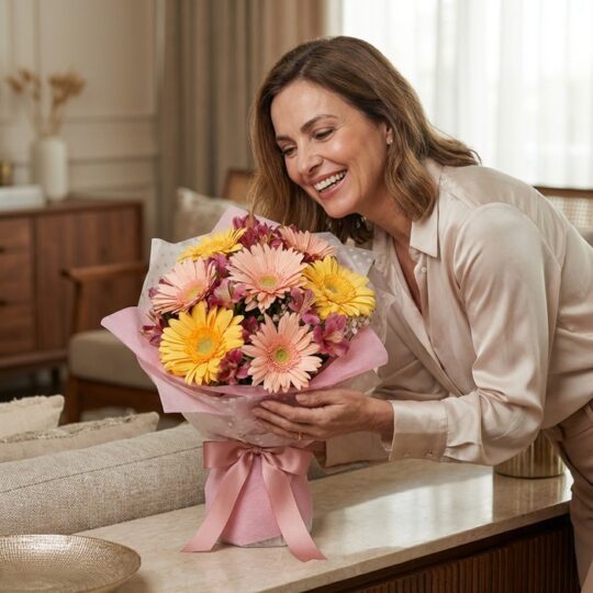 Mujer sonriente admirando un hermoso bouquet de gerberas multicolor (rosas, amarillas y alstroemerias) envuelto en papel rosa