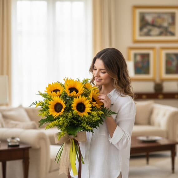 Mujer joven y elegante con camisa blanca admira un gran bouquet de girasoles frescos y radiantes, atado con un lazo de yute,