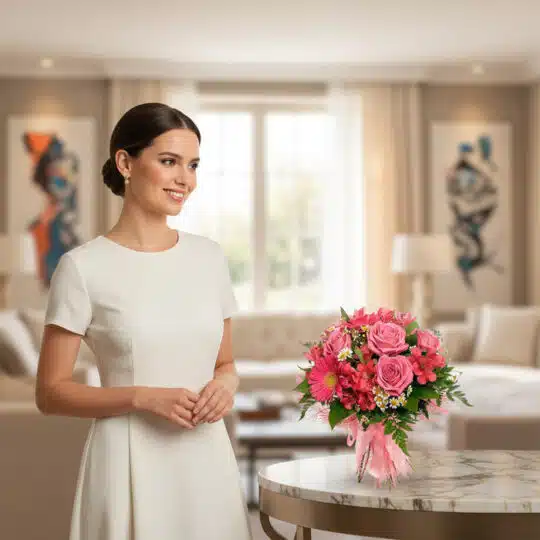 Mujer elegante admirando el Bouquet ORLENA con rosas rosadas y gerberas en un lujoso salón, ideal para regalar en primavera.