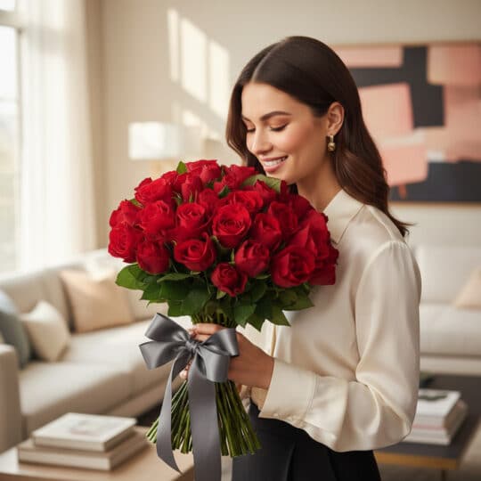 Mujer elegante sonriendo y oliendo un gran ramo de 72 rosas rojas atadas con un lazo gris, en un salón de lujo.