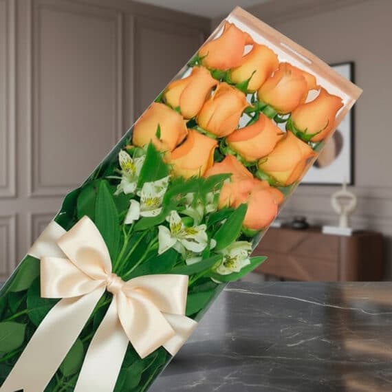 Caja de 12 Rosas Salmón: Frescura y Elegancia para Regalar Caja de 12 rosas salmón frescas con follaje verde y alstroemerias blancas, presentadas en un empaque transparente con lazo be