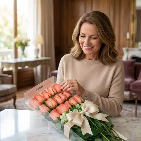Mujer elegante de mediana edad admirando con deleite una caja transparente con 18 rosas rosadas frescas y un lazo beige, en u