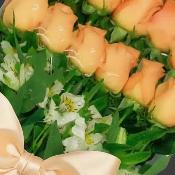 Primer plano extremo de 24 rosas salmón frescas con gotas de rocío, hojas verdes y alstroemerias blancas, atadas con un lazo