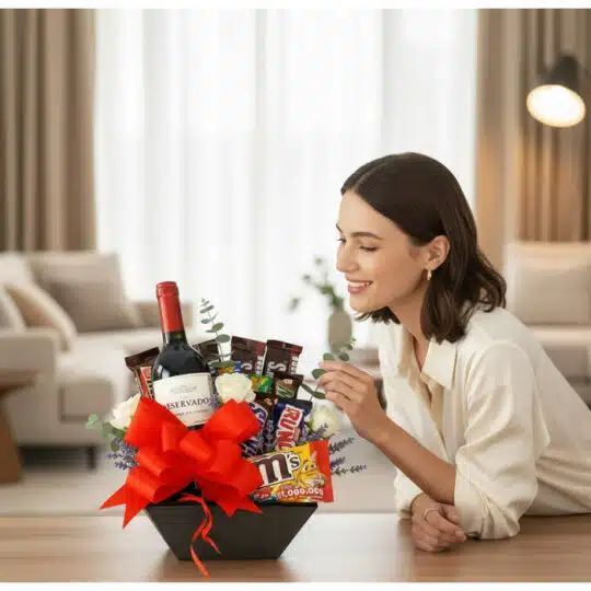 Mujer elegante admirando con deleite la Caja Amadea, un arreglo floral con vino, chocolates y rosas blancas en un hogar de lu