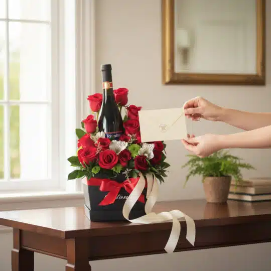 Caja floral ENNIO con rosas rojas, vino tinto y tarjeta, siendo entregada en un ambiente hogareño luminoso.