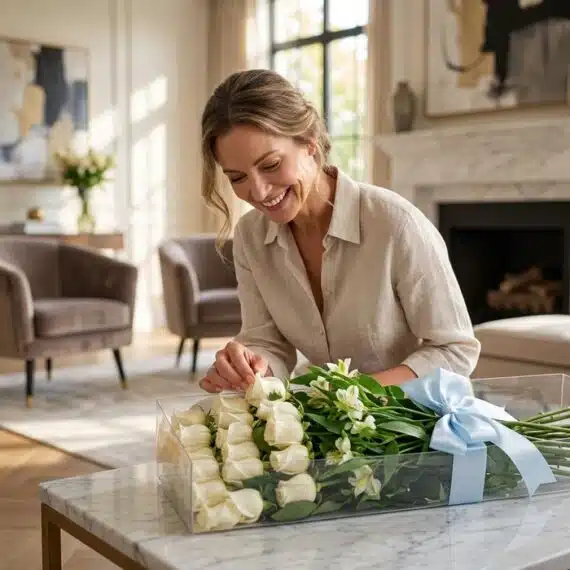 Mujer elegante sonriendo mientras admira y toca delicadamente una rosa blanca de una caja transparente con 18 rosas y alstroe